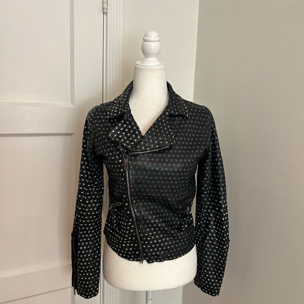 Black Heart-Print Moto Jacket - Women's Stylish Biker Coat